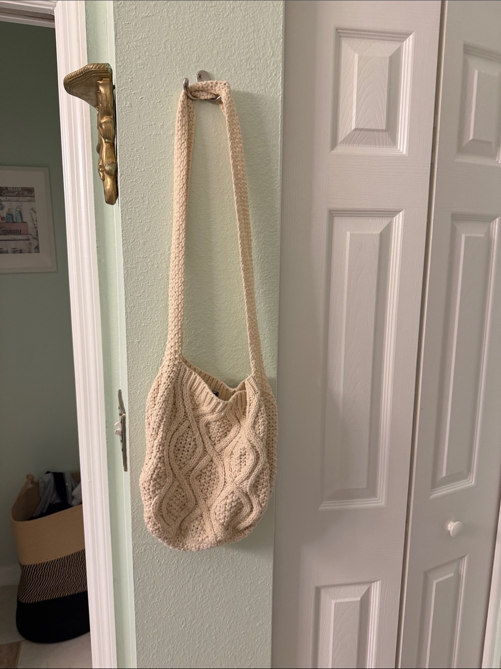 Cream Knit Shoulder Bag - Casual Crochet Sling